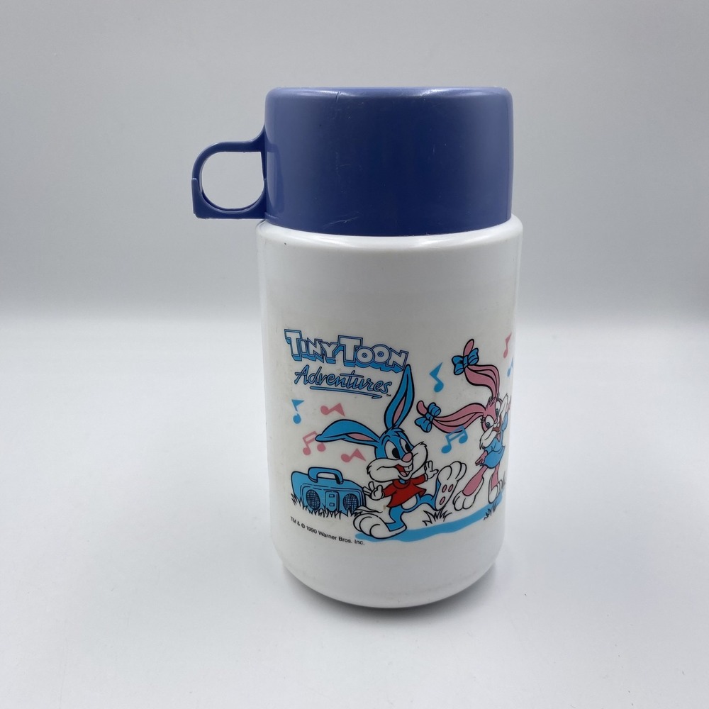 Vintage 1990 Tiny Toon Adventures Thermos White Blue Looney Tunes Warner Bros 6"